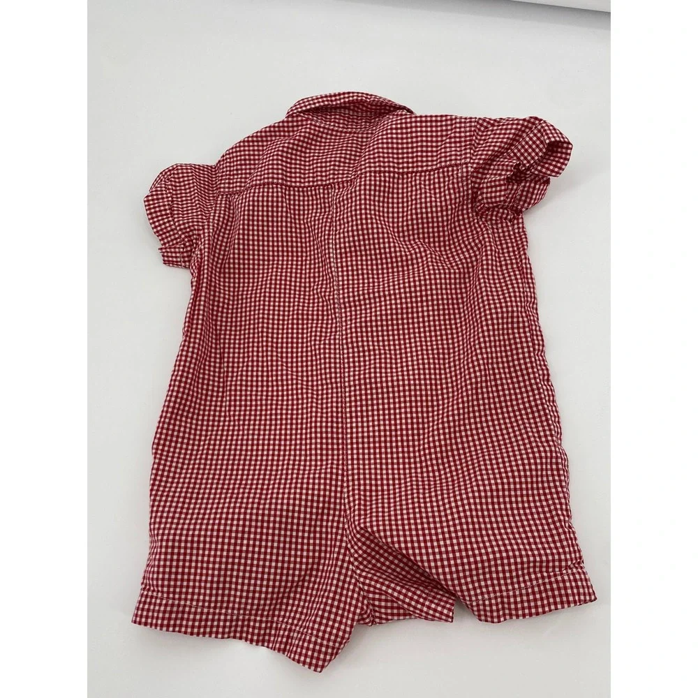 Ralph Lauren Romper 9M Red Gingham Check Button Front Short Sleeve Polo Pony